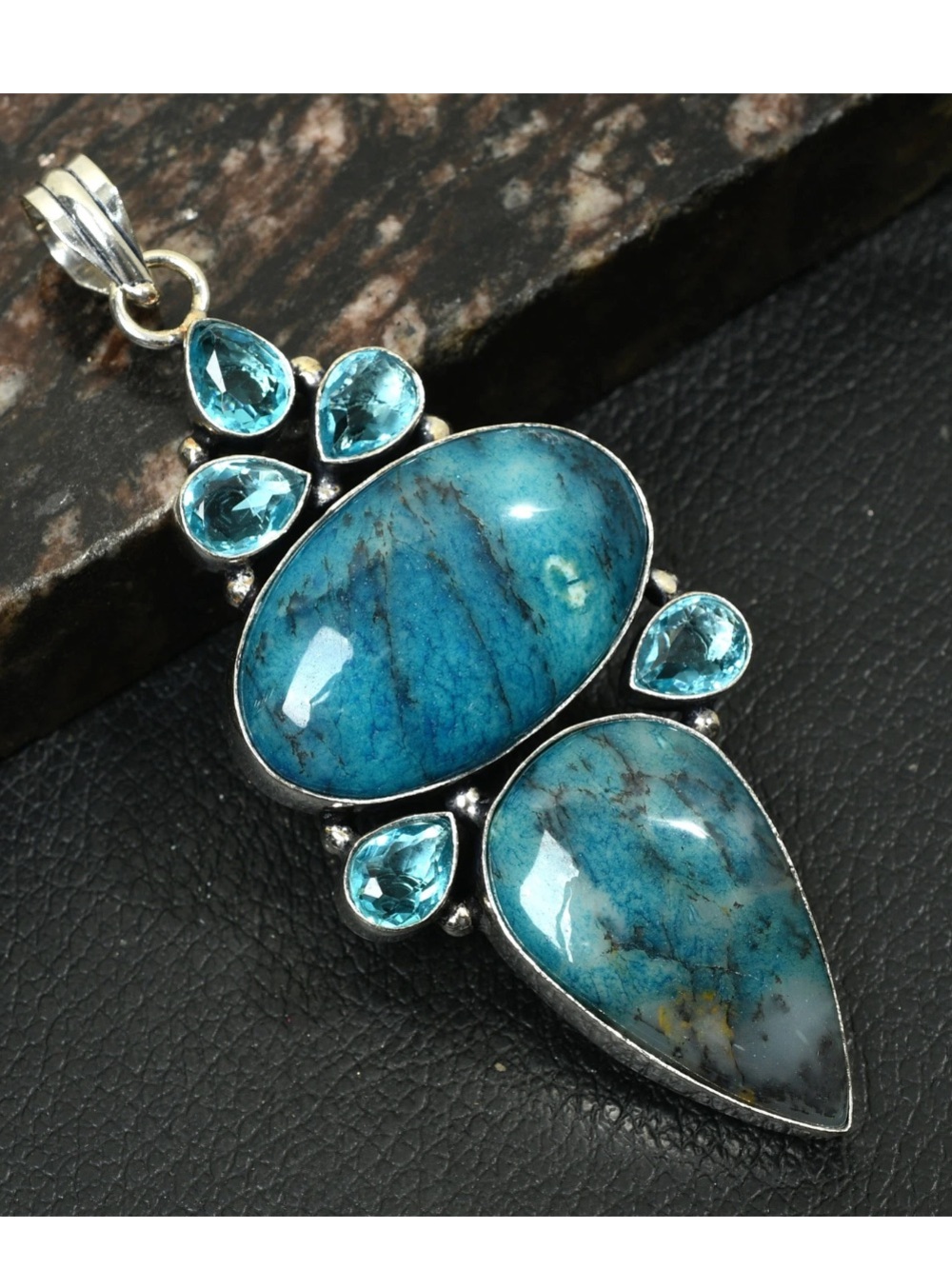 New! .925 Sterling Silver Overlay Blue Dendrite Opal Gemstone and Topaz Pendant